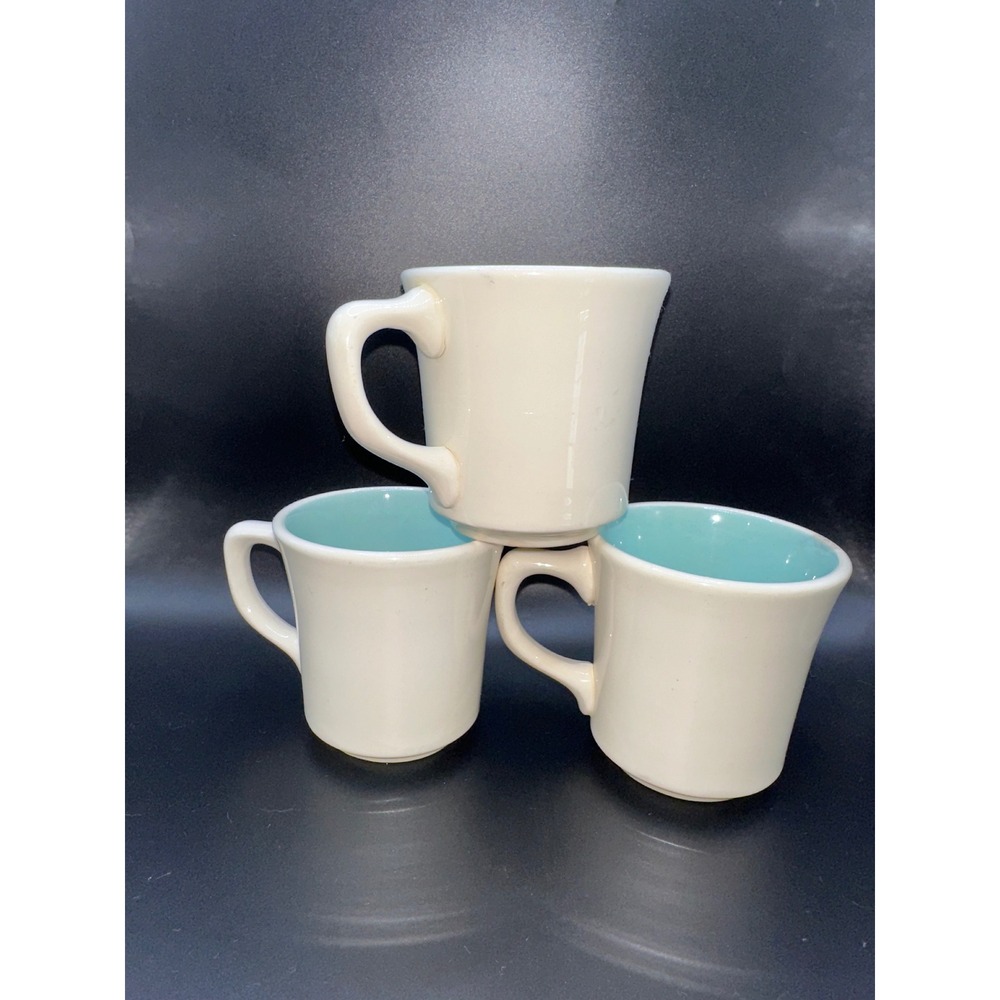 Set of 3 Tuxton Diner Coffee Mugs Cream White Turquoise Blue Ceramic Vintage